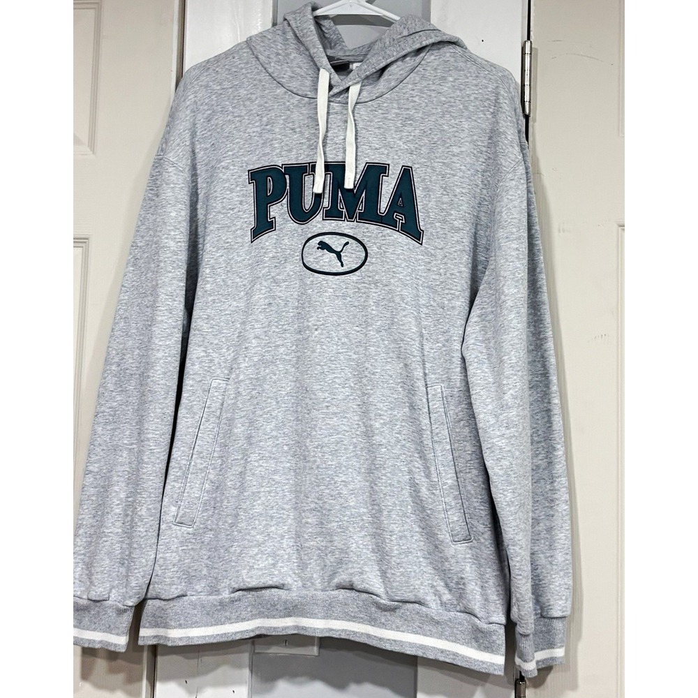 PUMA Squad Men's Large Gray Varsity Logo Pullover Fleece Hoodie Kangaroo Pocket